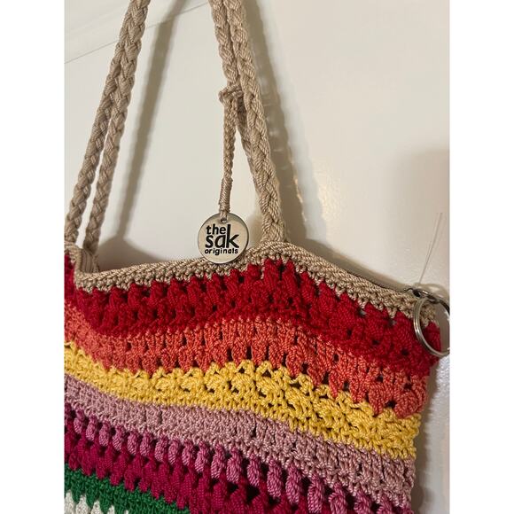 The Sak Rainbow Stripe Crochet Shoulder Bag Multicolor Tote Purse Zipper Close - Picture 2 of 5